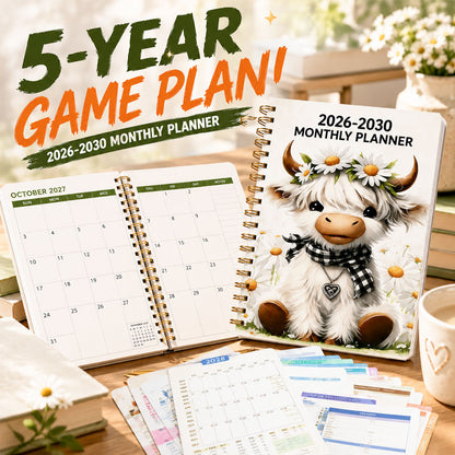 🐮 2026–2030 Monthly Planner ✨ Cute Highland Cow 5-Year Calendar | Large Monthly Blocks for Long-Term Planning