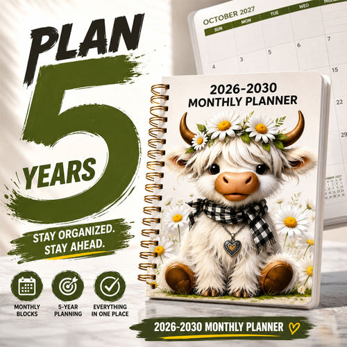 🐮 2026–2030 Monthly Planner ✨ Cute Highland Cow 5-Year Calendar | Large Monthly Blocks for Long-Term Planning
