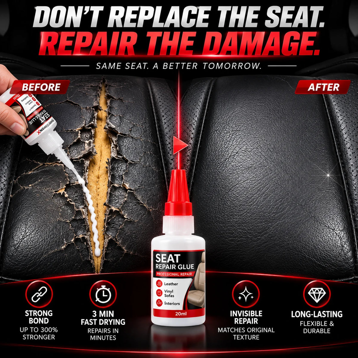 🚗50% OFF NOW! Quick Dry Car Seat Leather Repair Glue‑ Precision Nozzle Vinyl & Leather Adhesive, Permanent Bond Repair Glue for Car Seats, Sofas & Leather Furnitures