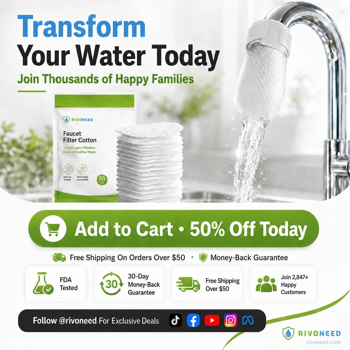 ⏰60%OFF⚡50K+ SOLD!💥Anti-Splash Kitchen Faucet Cotton Filter for Sediment & Rust Removal