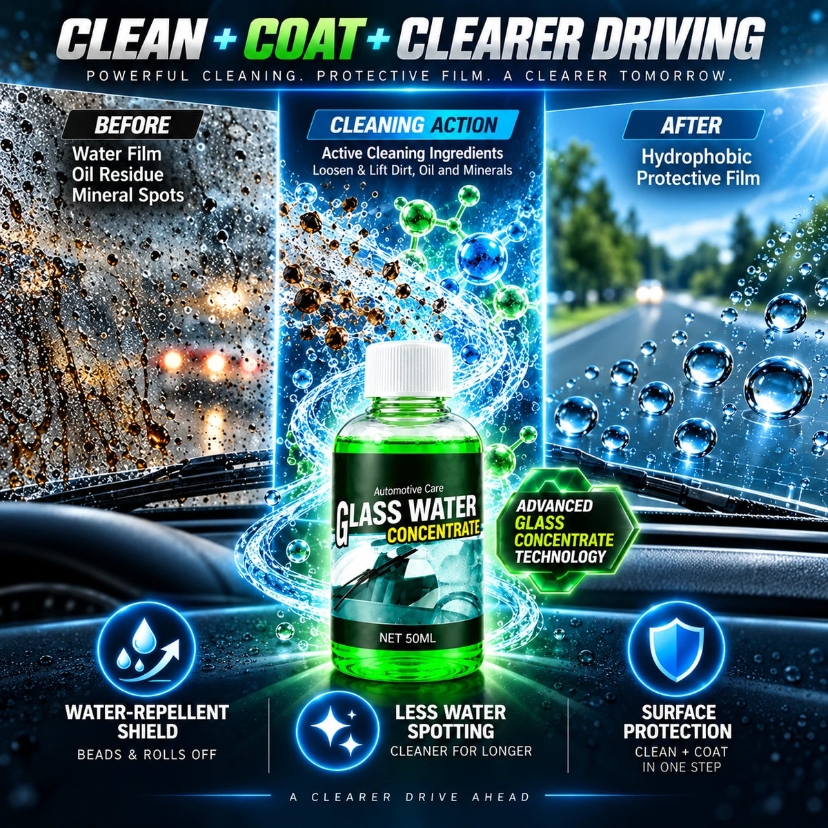 🥳2026 HOT SALE🥳💞50K+ SOLD! 💧✨ 50% OFF! Glass Concentrate – 10ml makes 1L, cuts bugs & grime, streak-free. 1 bottle = 50L.! 🚗💪