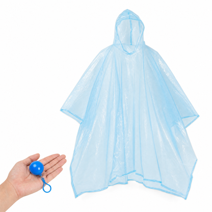 The capsule in a palm beside the full-size hooded rain poncho it opens into