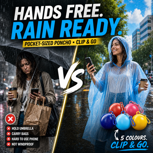 Rain-soaked woman struggling with an umbrella versus the same woman dry and hands-free in a translucent hooded rain poncho, with the five capsule colours shown