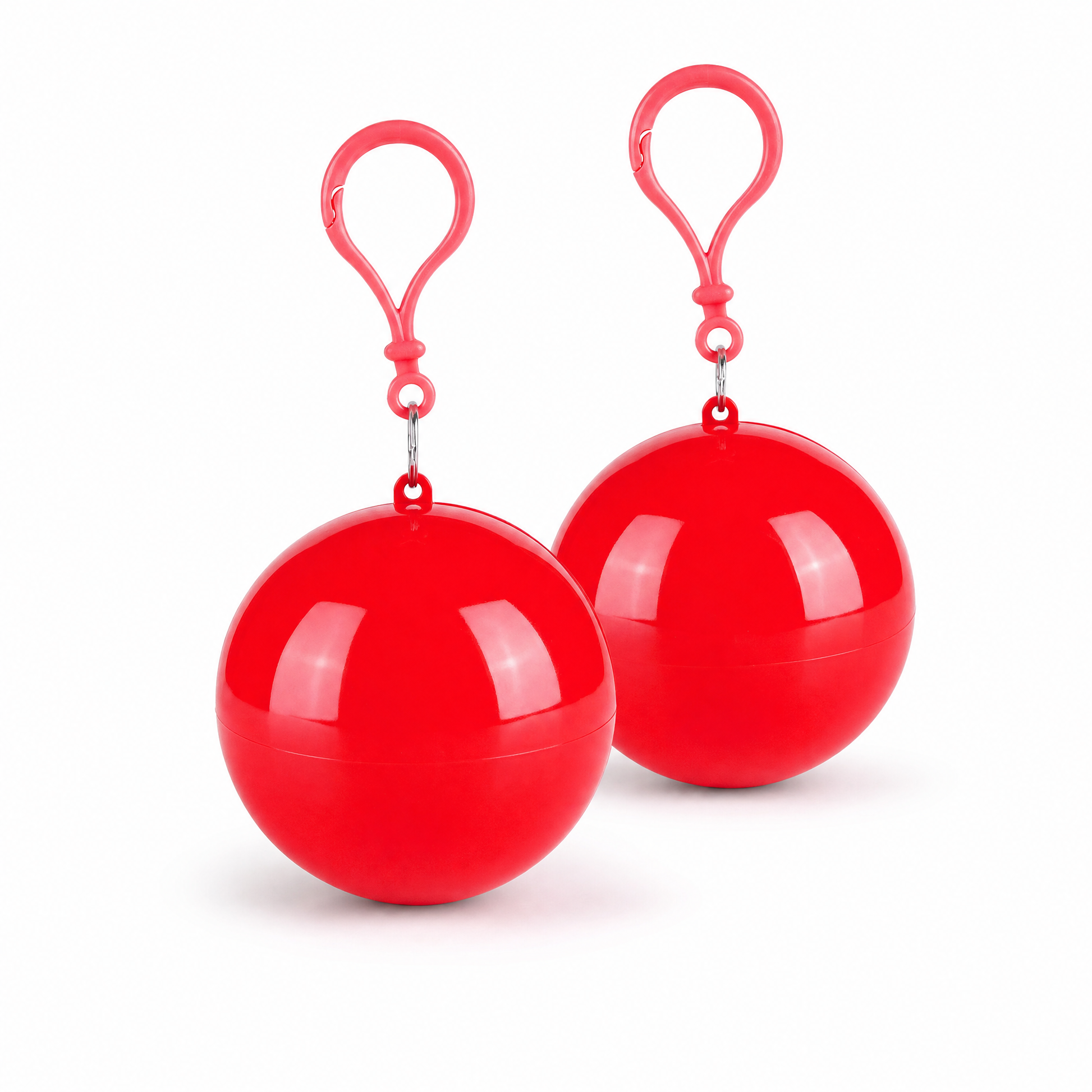 Two Red RainReady capsules with matching plastic carabiner clips