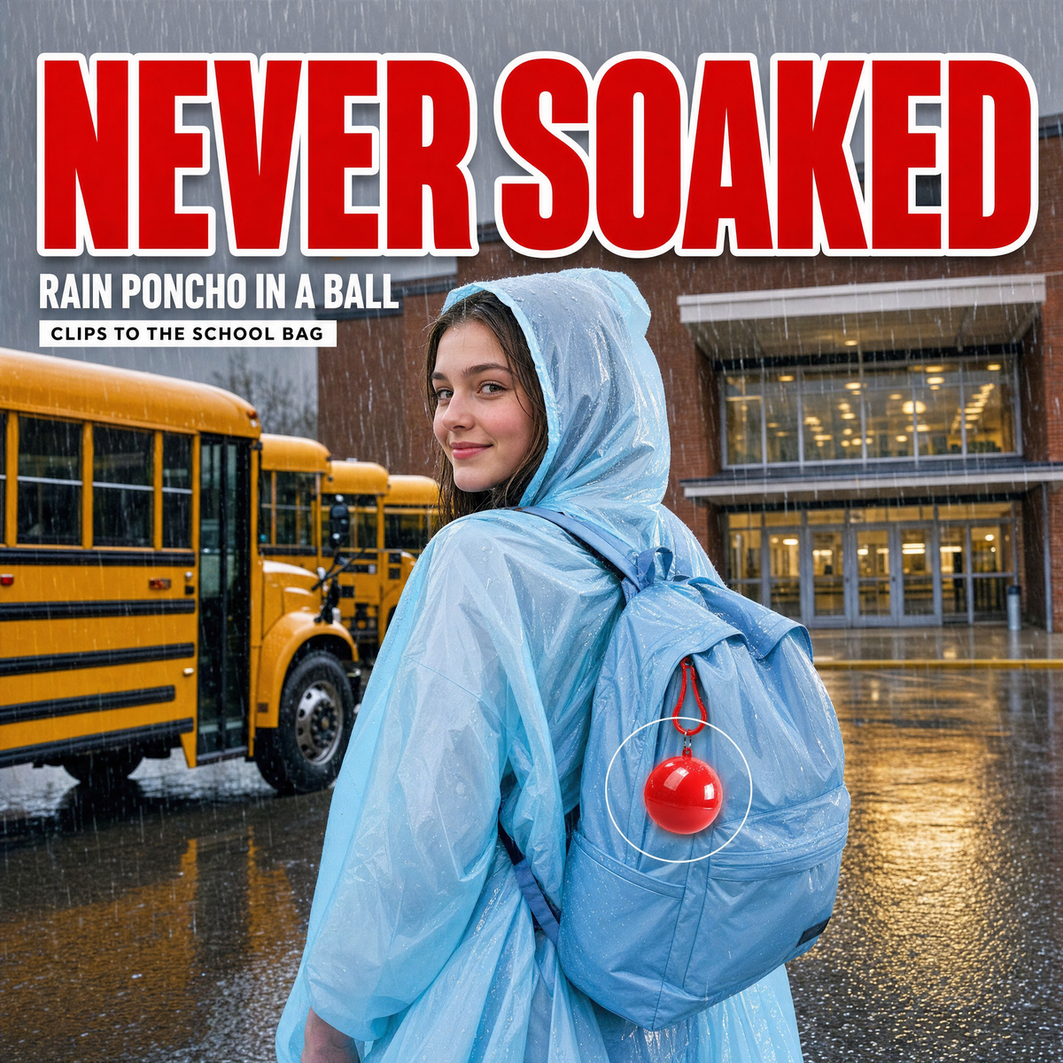 Never Soaked — a full rain poncho in a ball that clips to the school bag, shown on a student's backpack strap outside school
