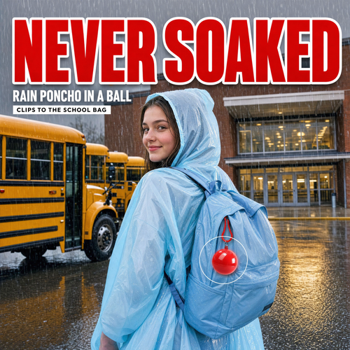 Never Soaked — a full rain poncho in a ball that clips to the school bag, shown on a student's backpack strap outside school